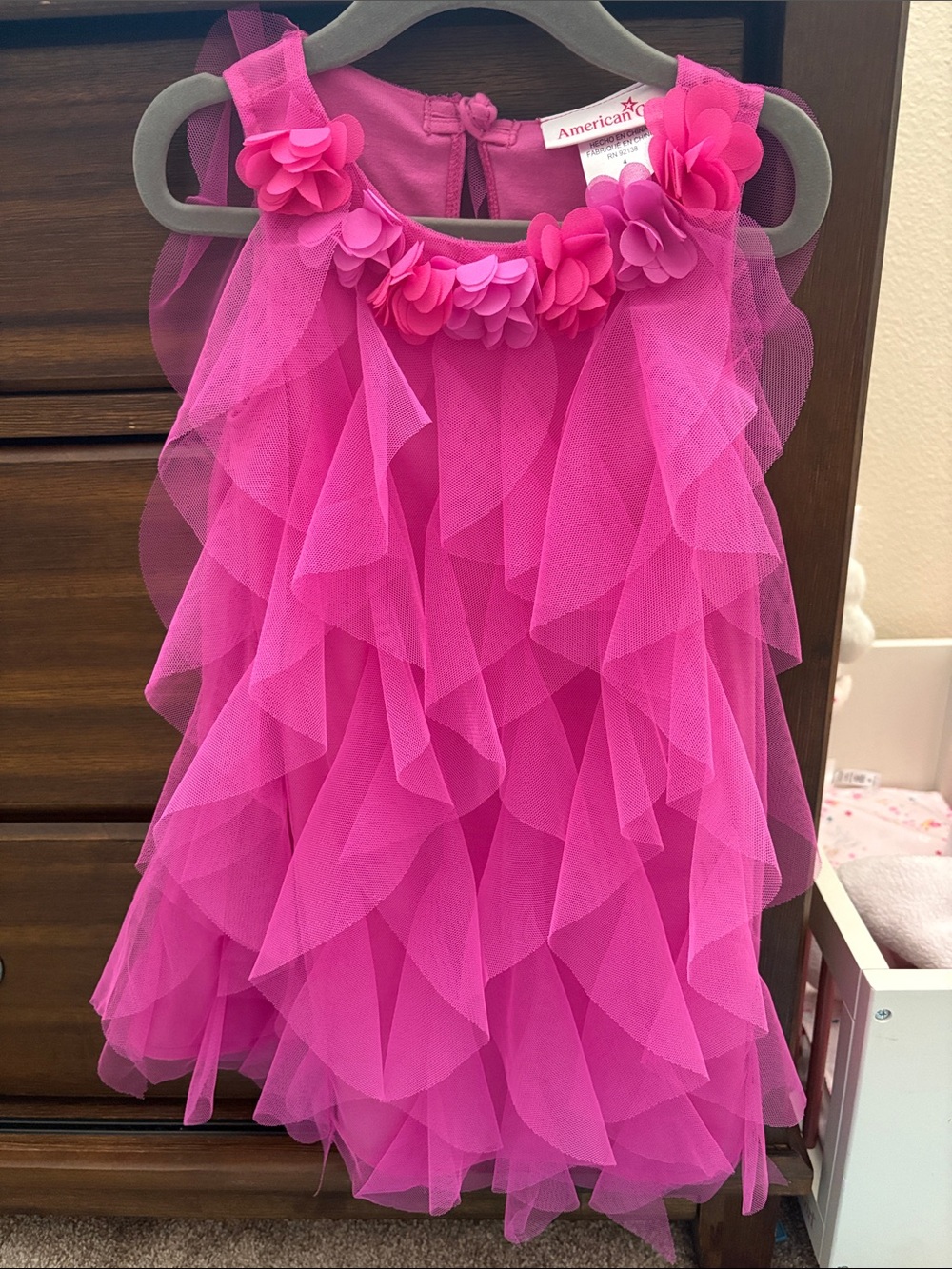 American Girl Bright Pink Layered Tulle Party Dress with Floral Neckline